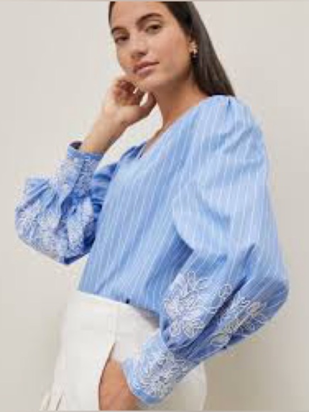 Ann Taylor Blue Stripe Embroidered‎ Balloon-Sleeve Blouse XXS